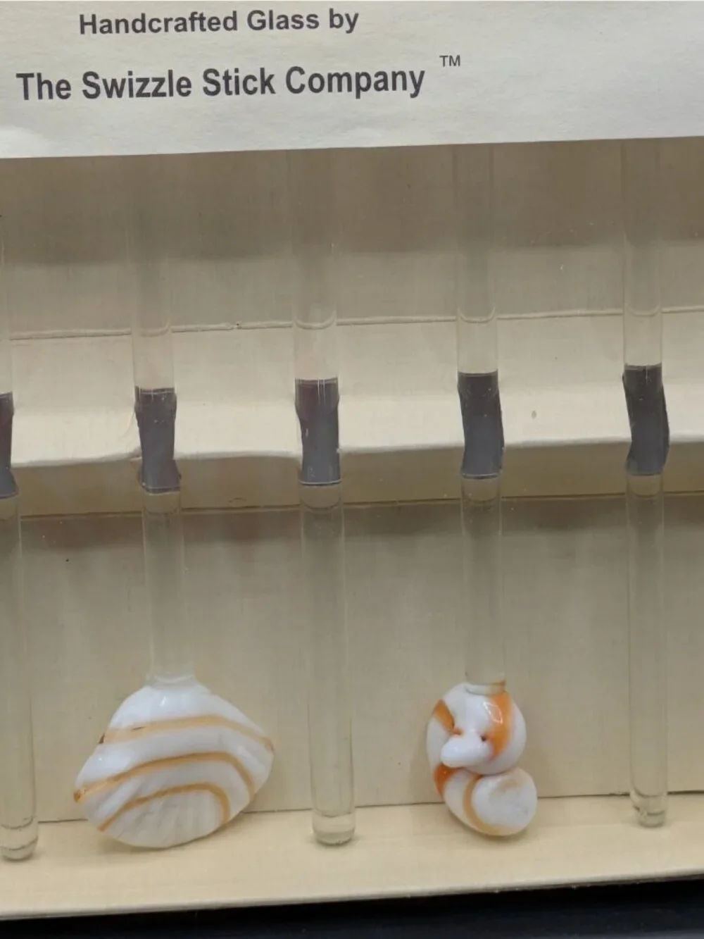 Pier 1 Imports Set Of 6 Swizzle Sticks Drink Stirrers Blown Glass Sea Shells NIB